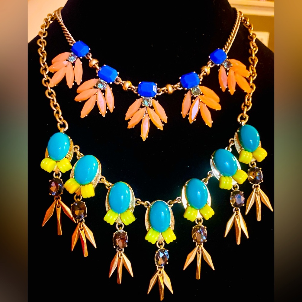 Bundle/lot of 2 J. Crew statement necklaces feather spikes colorful maximalist